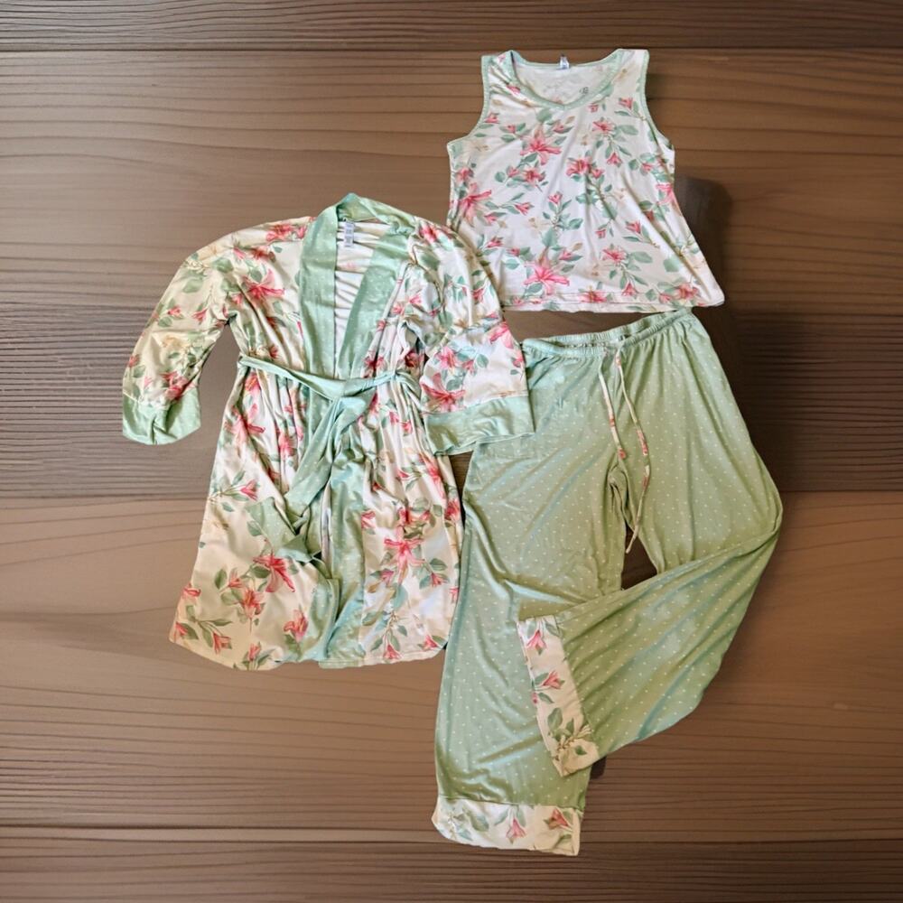 Flora Nikrooz Floral Pajama Lounge Set Robe Tank Pants Cottagecore Romantic Sz M - Picture 2 of 16
